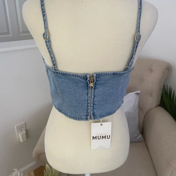 MUMU Blue Denim Floral Bustier Top SIZE M - Picture 5 of 10